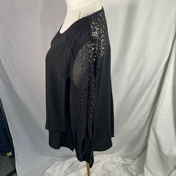 Skies Are Blue Black Blouse XLP Lace Crochet Sleeve Back Detail Classic Career‎ - Picture 8 of 14